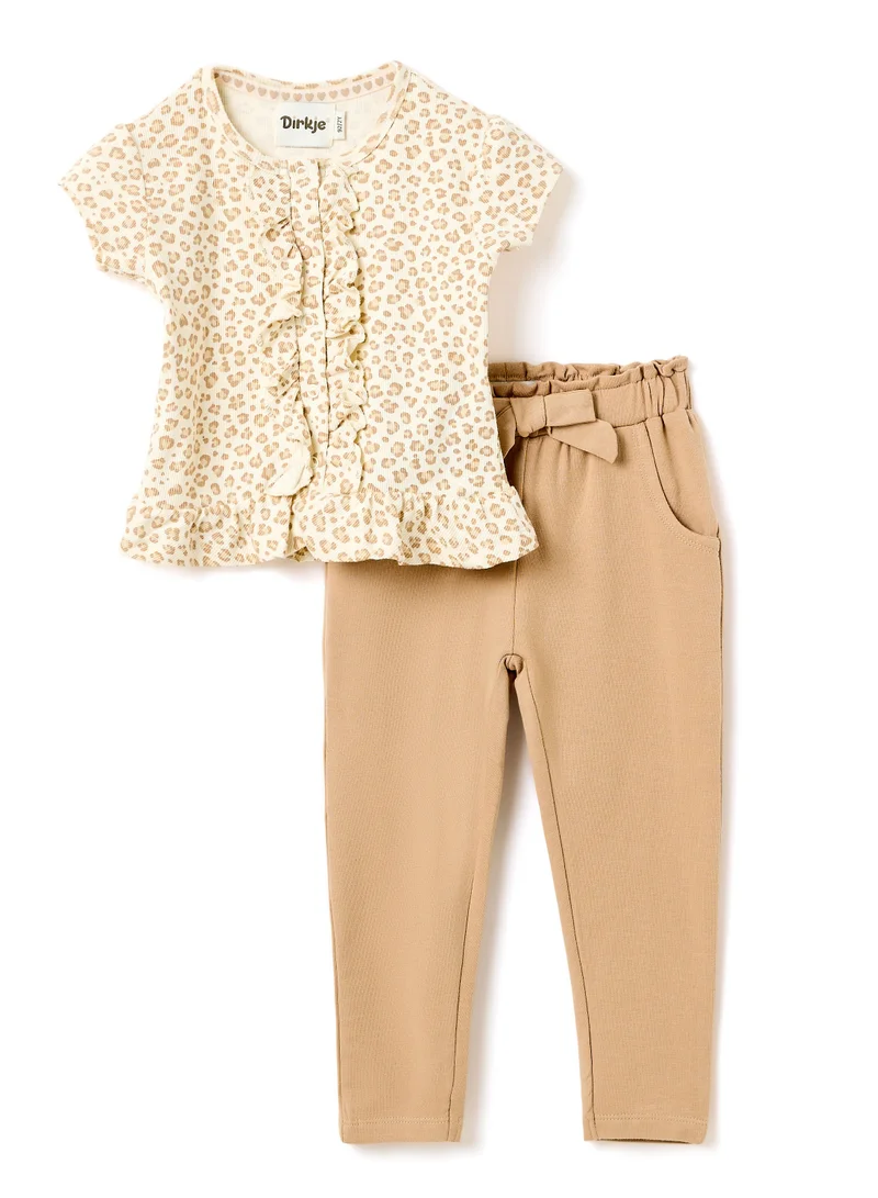 ديركجي طقم بناتي قطعتين بلوزة بنقشة الفهد مع بنطلون رياضي ناعم